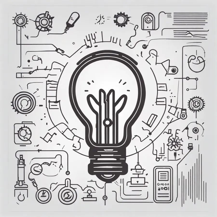 Disegno tecnico di una lampadina fra ingranaggi e appunti